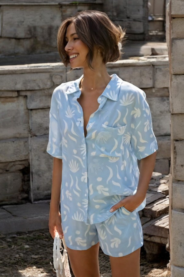 Eliza - Trendy Turn Down Collar Shirt and Short Set