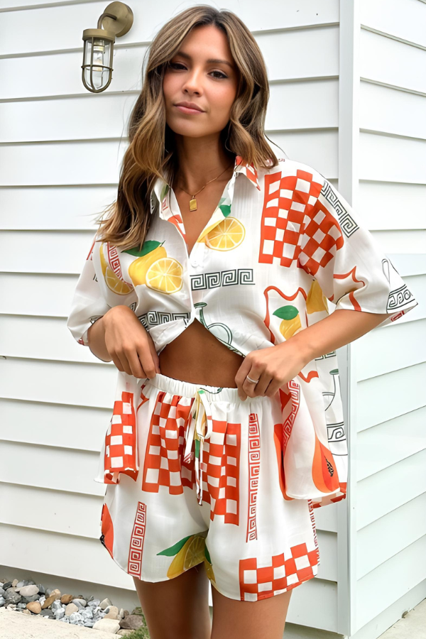 Erin -  Lemon Print Oversized Shirt & Shorts Set