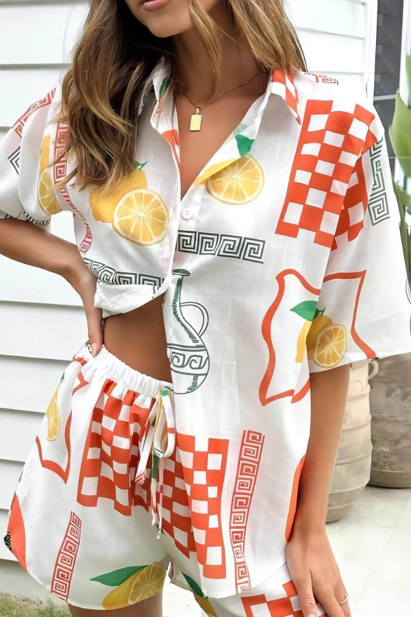 Erin -  Lemon Print Oversized Shirt & Shorts Set